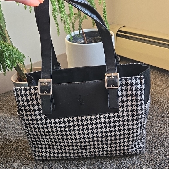 Ralph Lauren Houndstooth Fabric and Leather Tote Bag - Picture 1 of 7